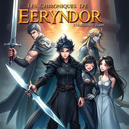 A fantastical book cover for "Les Chroniques d'Eryndor: L'Héritier du Temps" featuring five protagonists with Eryndor at the center
