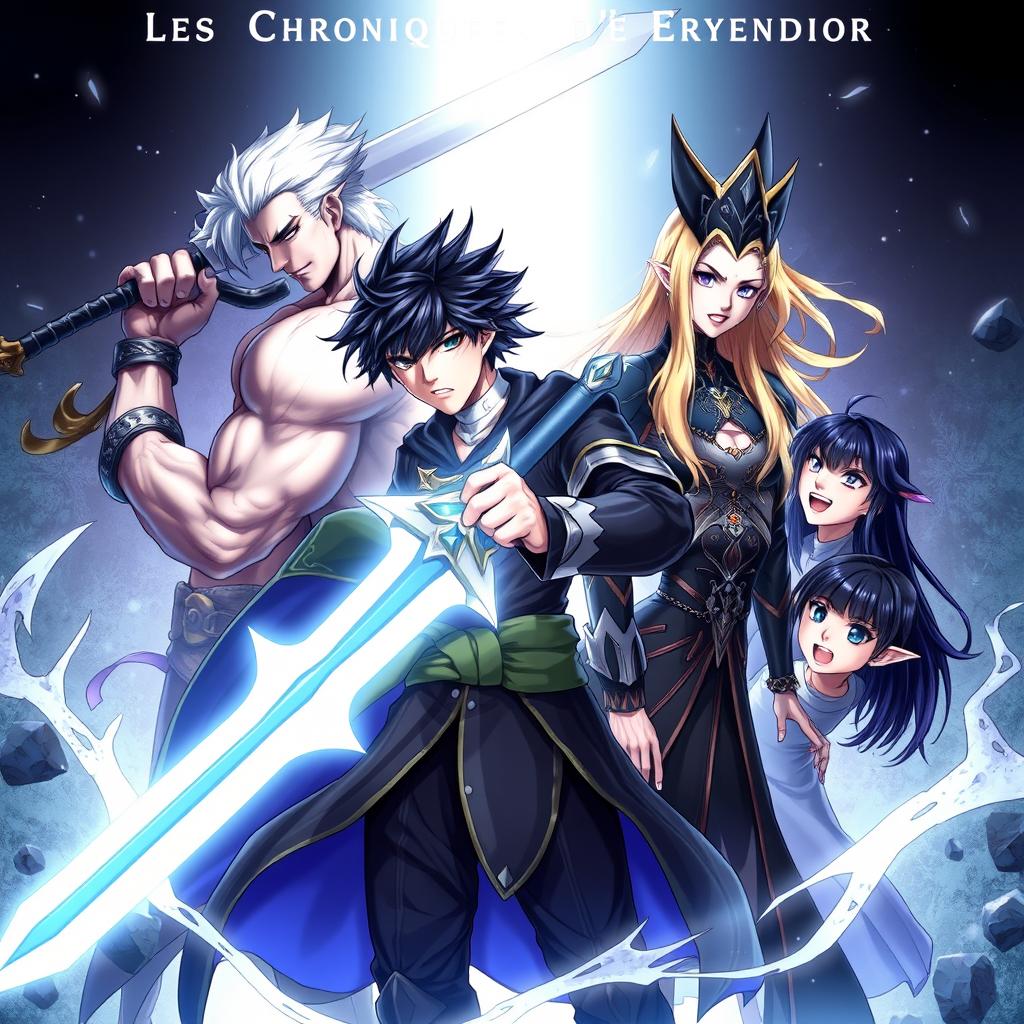 A fantastical book cover for "Les Chroniques d'Eryndor: L'Héritier du Temps" featuring five protagonists with Eryndor at the center