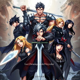 A fantastical book cover for "Les Chroniques d'Eryndor: L'Héritier du Temps" featuring five protagonists with Eryndor at the center