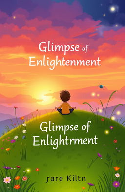 A whimsical book cover titled 'Glimpse of Enlightenment', featuring a curious boy sitting cross-legged on a lush green grass hill