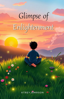 A whimsical book cover titled 'Glimpse of Enlightenment', featuring a curious boy sitting cross-legged on a lush green grass hill