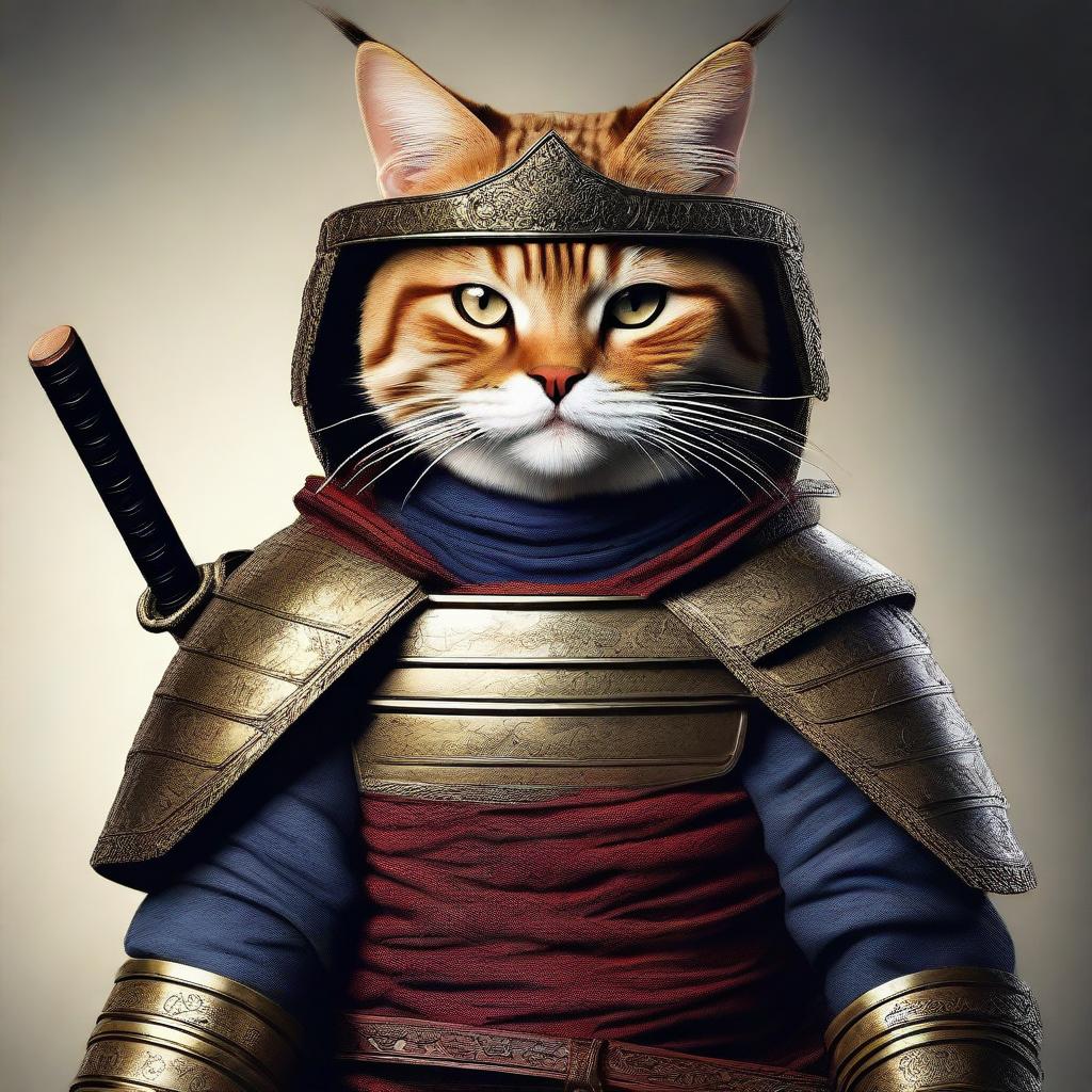 A hyper-realistic digital art image showcasing a cool cat as a brave and angry samurai