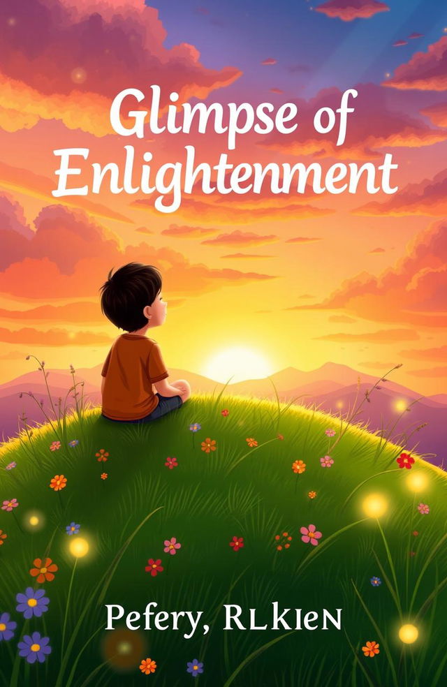 A whimsical book cover titled 'Glimpse of Enlightenment', featuring a curious boy sitting cross-legged on a lush green grass hill