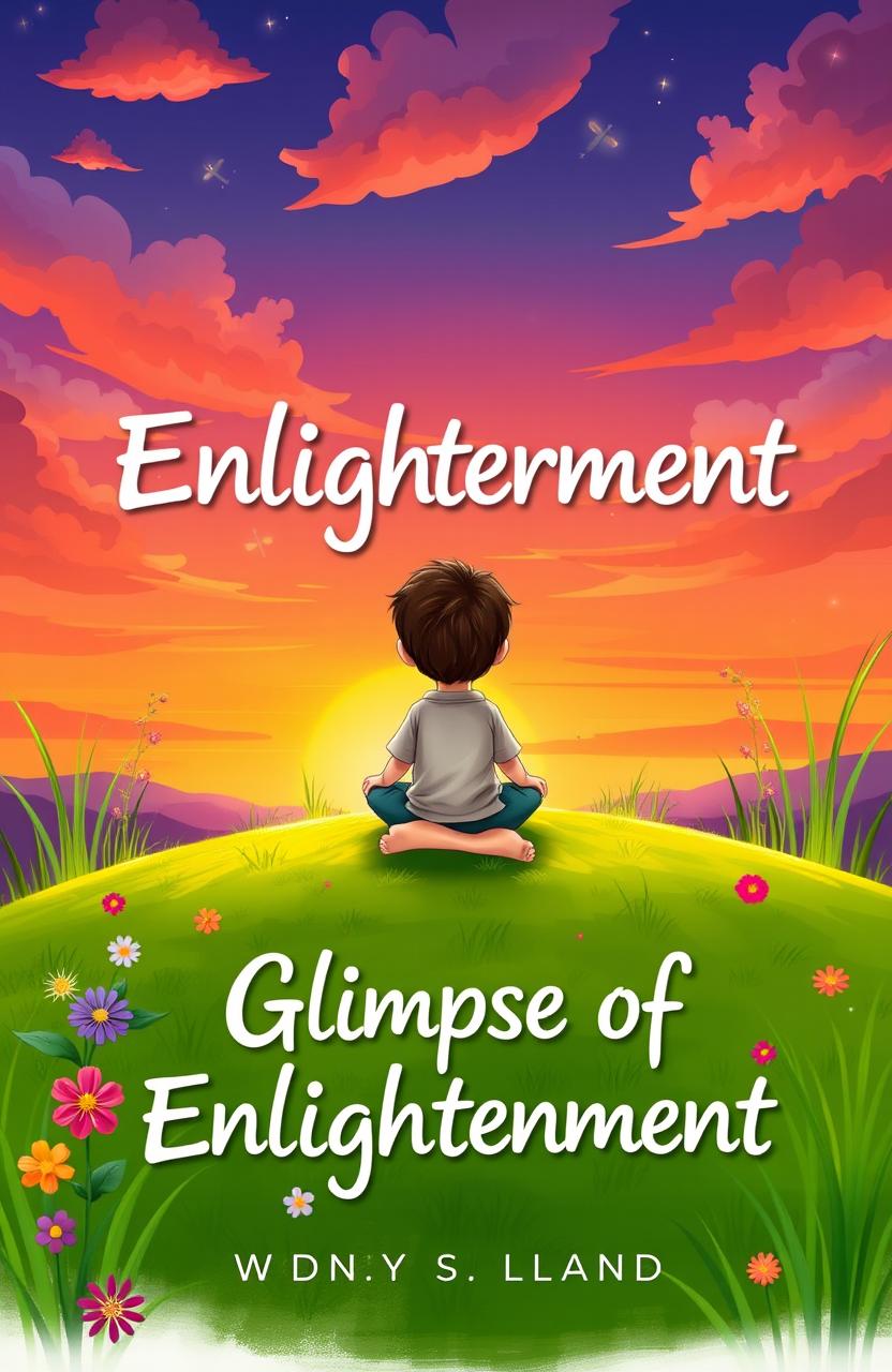 A whimsical book cover titled 'Glimpse of Enlightenment', featuring a curious boy sitting cross-legged on a lush green grass hill