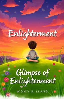 A whimsical book cover titled 'Glimpse of Enlightenment', featuring a curious boy sitting cross-legged on a lush green grass hill