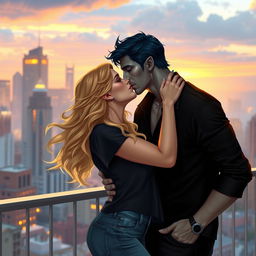 A romantic urban fantasy scene featuring a couple kissing on a balcony