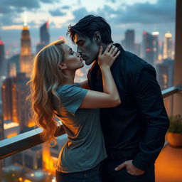 A romantic urban fantasy scene featuring a couple kissing on a balcony