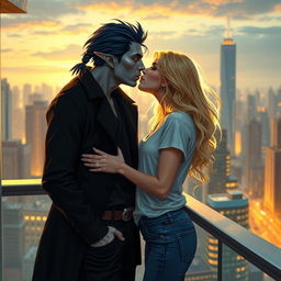 A romantic urban fantasy scene featuring a couple kissing on a balcony