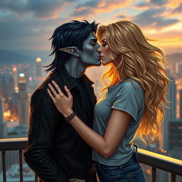 A romantic urban fantasy scene featuring a couple kissing on a balcony