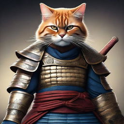 A hyper-realistic digital art image showcasing a cool cat as a brave and angry samurai