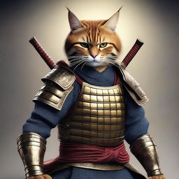 A hyper-realistic digital art image showcasing a cool cat as a brave and angry samurai