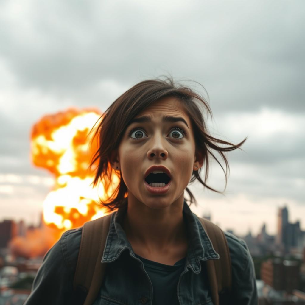 A dramatic wide shot depicting a large, fiery explosion erupting in the distance against a backdrop of a city skyline