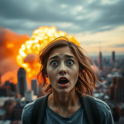 A dramatic wide shot depicting a large, fiery explosion erupting in the distance against a backdrop of a city skyline