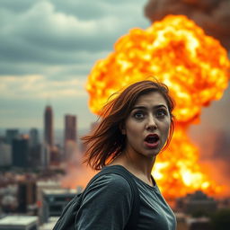 A dramatic wide shot depicting a large, fiery explosion erupting in the distance against a backdrop of a city skyline
