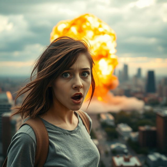 A dramatic wide shot depicting a large, fiery explosion erupting in the distance against a backdrop of a city skyline