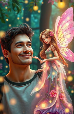A romantic scene depicting a 40-year-old man hopelessly in love with a beautiful young fairy