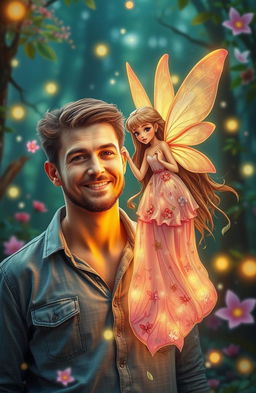 A romantic scene depicting a 40-year-old man hopelessly in love with a beautiful young fairy