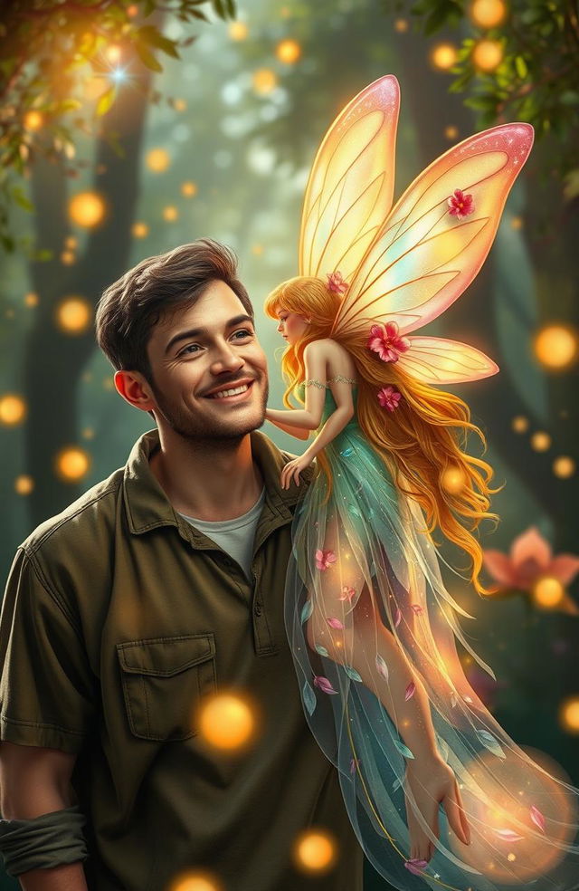 A romantic scene depicting a 40-year-old man hopelessly in love with a beautiful young fairy