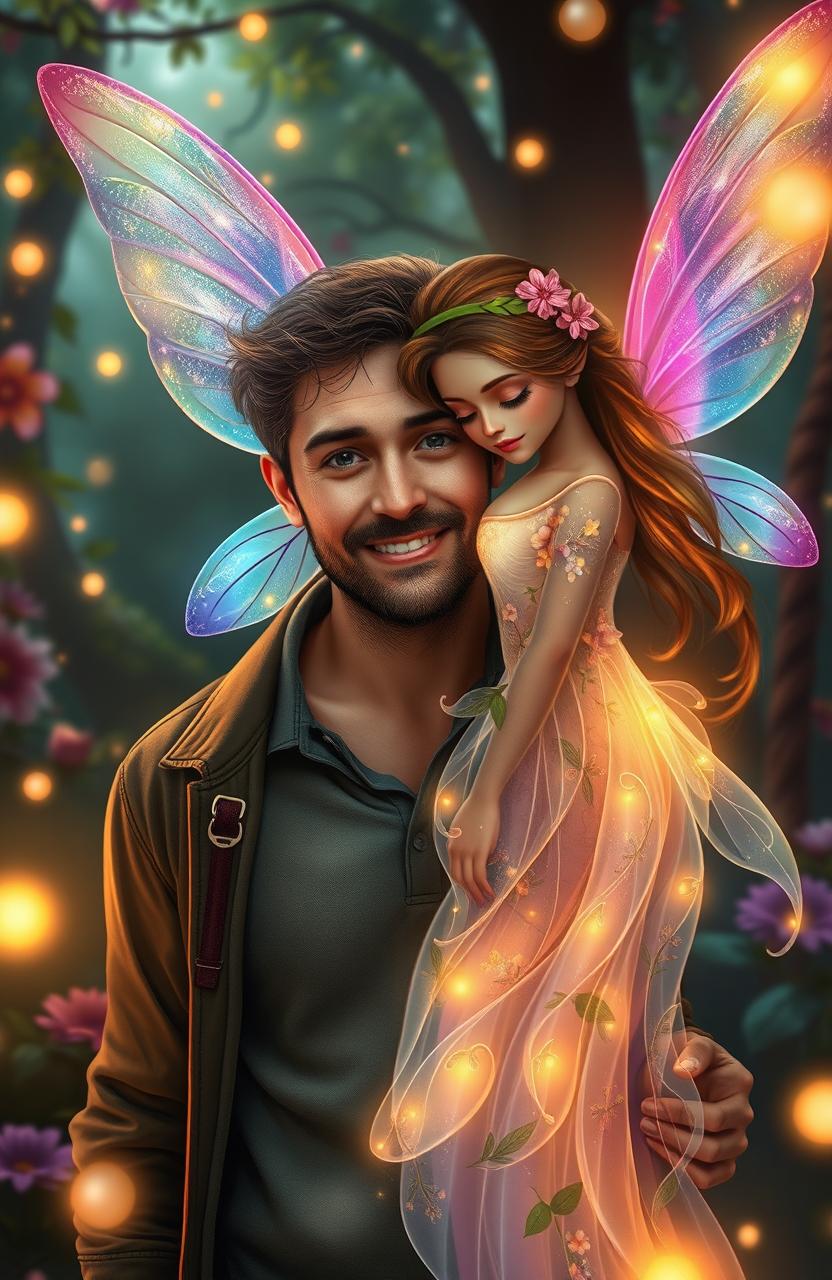 A romantic scene depicting a 40-year-old man hopelessly in love with a beautiful young fairy