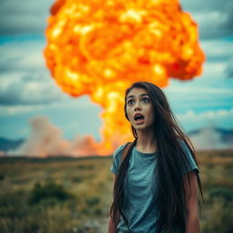A wide shot capturing a massive fiery explosion in the distance, with vibrant orange, red, and yellow flames shooting into the sky, creating dramatic smoke clouds