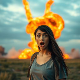 A wide shot capturing a massive fiery explosion in the distance, with vibrant orange, red, and yellow flames shooting into the sky, creating dramatic smoke clouds