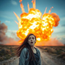 A wide shot capturing a massive fiery explosion in the distance, with vibrant orange, red, and yellow flames shooting into the sky, creating dramatic smoke clouds