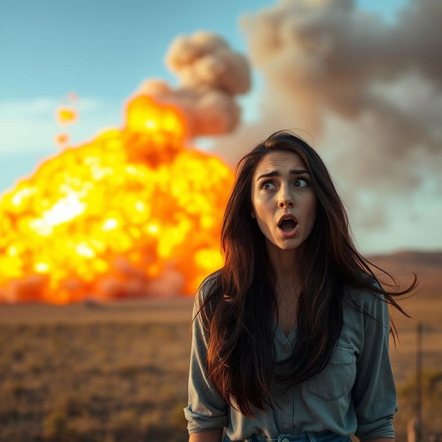 A wide shot capturing a massive fiery explosion in the distance, with vibrant orange, red, and yellow flames shooting into the sky, creating dramatic smoke clouds