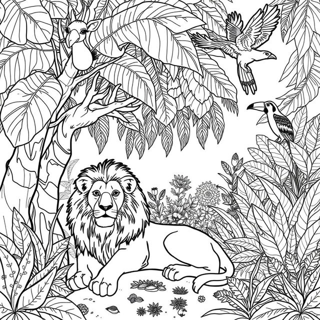 A detailed and intricate black and white line drawing for an adult coloring book, featuring a variety of animals in a whimsical, fantastical setting