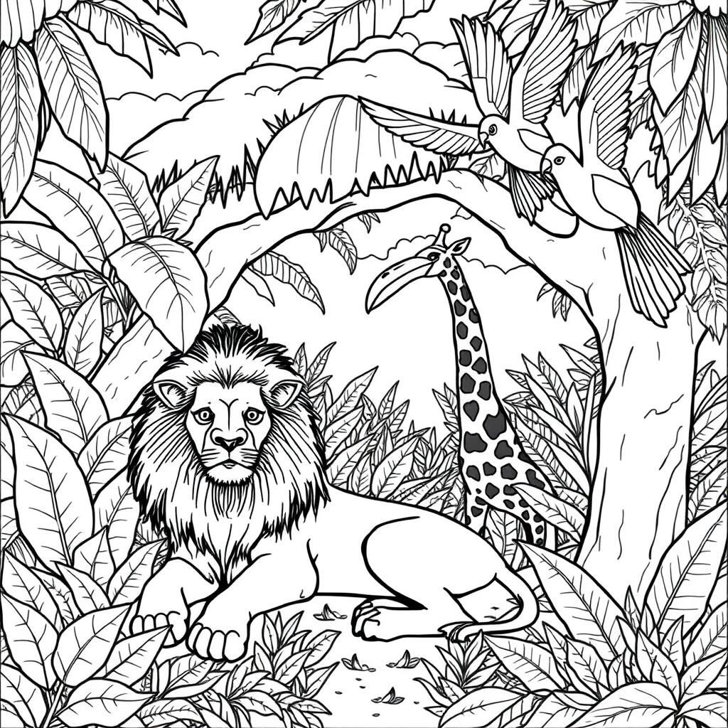 A detailed and intricate black and white line drawing for an adult coloring book, featuring a variety of animals in a whimsical, fantastical setting