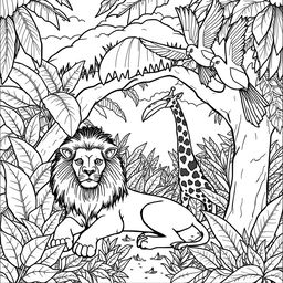 A detailed and intricate black and white line drawing for an adult coloring book, featuring a variety of animals in a whimsical, fantastical setting