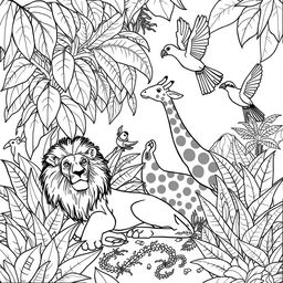 A detailed and intricate black and white line drawing for an adult coloring book, featuring a variety of animals in a whimsical, fantastical setting