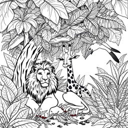 A detailed and intricate black and white line drawing for an adult coloring book, featuring a variety of animals in a whimsical, fantastical setting
