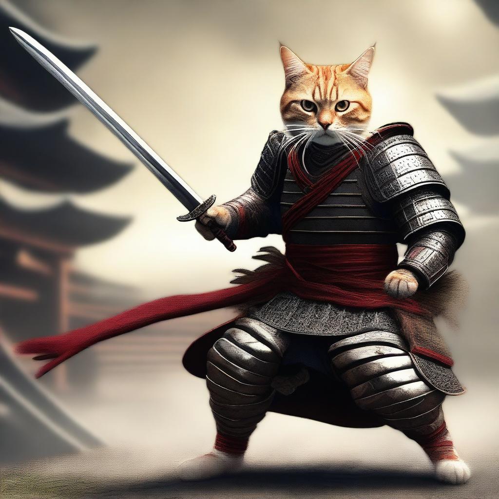 A hyper-realistic digital art image featuring a brave cat in a fierce samurai battle