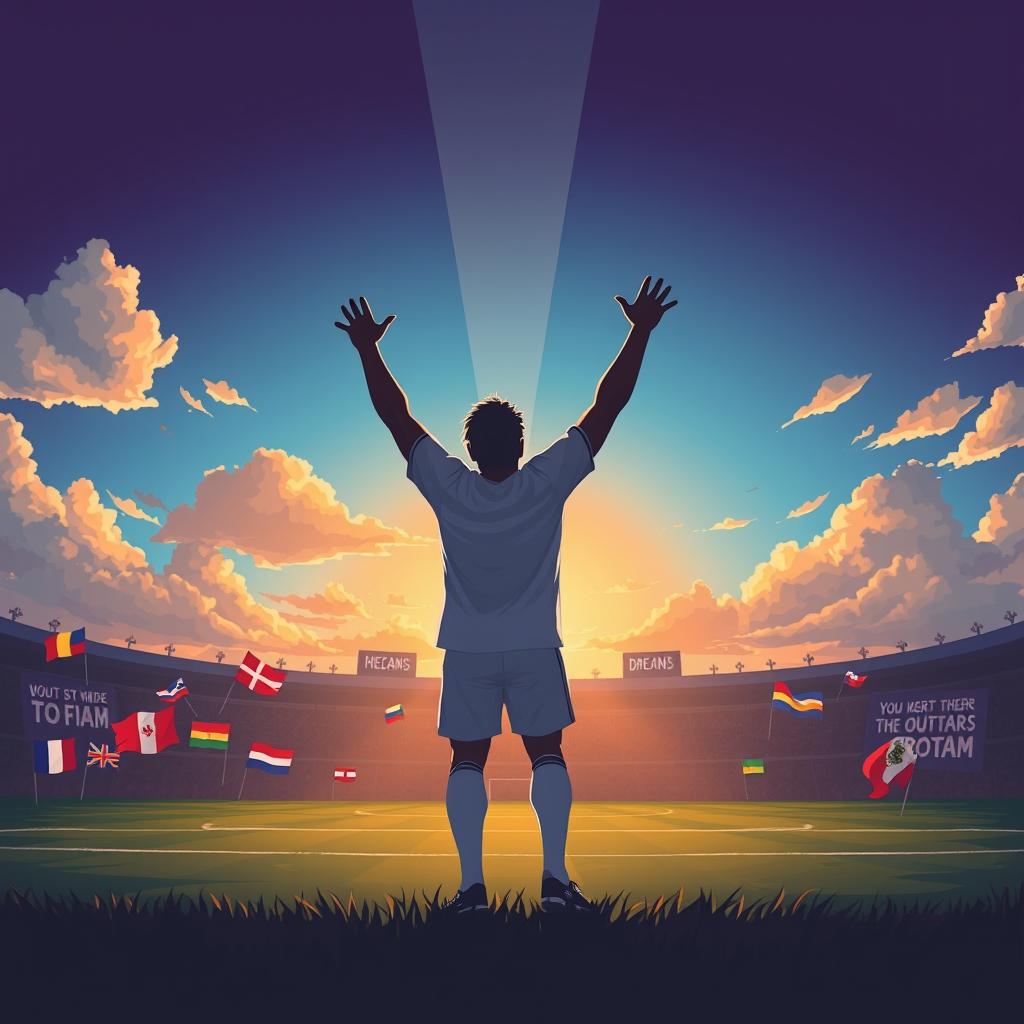 An inspirational illustration depicting the spirit of unity and dreams achieved through sports, featuring a silhouette of a legendary football player standing triumphantly on a soccer field, sunlight breaking through the clouds above