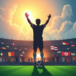 An inspirational illustration depicting the spirit of unity and dreams achieved through sports, featuring a silhouette of a legendary football player standing triumphantly on a soccer field, sunlight breaking through the clouds above