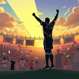 An inspirational illustration depicting the spirit of unity and dreams achieved through sports, featuring a silhouette of a legendary football player standing triumphantly on a soccer field, sunlight breaking through the clouds above