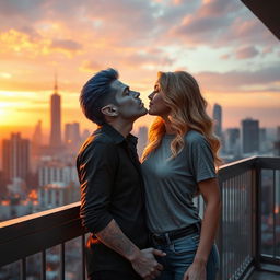 A romantic urban fantasy scene depicting a couple kissing on a balcony at sunset