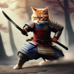 A hyper-realistic digital art image featuring a brave cat in a fierce samurai battle