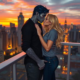 A romantic urban fantasy scene depicting a couple kissing on a balcony at sunset