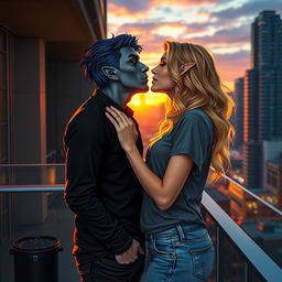 A romantic urban fantasy scene depicting a couple kissing on a balcony at sunset