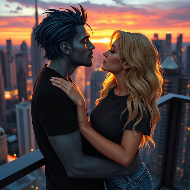 A romantic urban fantasy scene depicting a couple kissing on a balcony at sunset