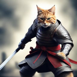 A hyper-realistic digital art image featuring a brave cat in a fierce samurai battle