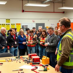 A vibrant and engaging scene depicting a training workshop where employees are learning how to use the LOTO (Lockout/Tagout) system