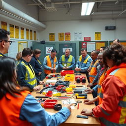 A vibrant and engaging scene depicting a training workshop where employees are learning how to use the LOTO (Lockout/Tagout) system