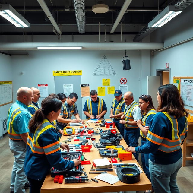 A vibrant and engaging scene depicting a training workshop where employees are learning how to use the LOTO (Lockout/Tagout) system