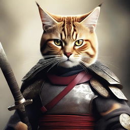 A hyper-realistic digital art image featuring a brave cat in a fierce samurai battle