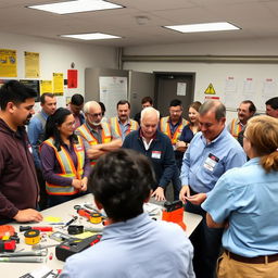 A vibrant and engaging scene depicting a training workshop where employees are learning how to use the LOTO (Lockout/Tagout) system