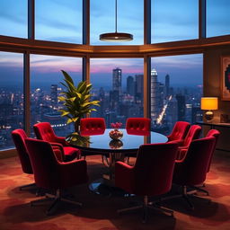 A seductive and elegant meeting room scene, featuring a beautifully designed modern table at the center, surrounded by plush velvet chairs in rich colors like burgundy and gold