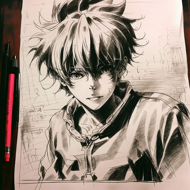 A high-quality, hand-drawn sketch of an anime character in a dynamic pose, drawn in pencil on heavyweight sketch paper