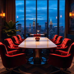 A seductive and elegant meeting room scene, featuring a beautifully designed modern table at the center, surrounded by plush velvet chairs in rich colors like burgundy and gold